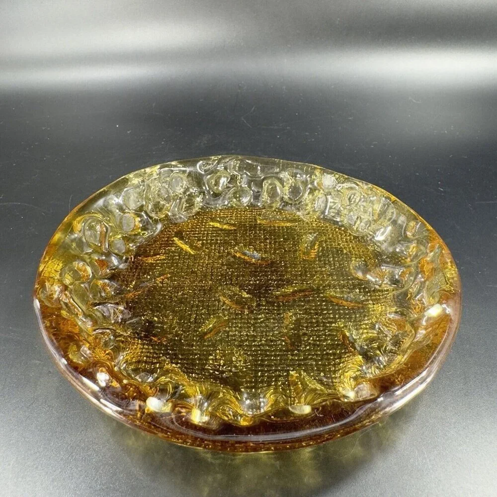 Round Art Glass Dish Plate‎ Thick Glass Textured Center Trinket Glass Decor